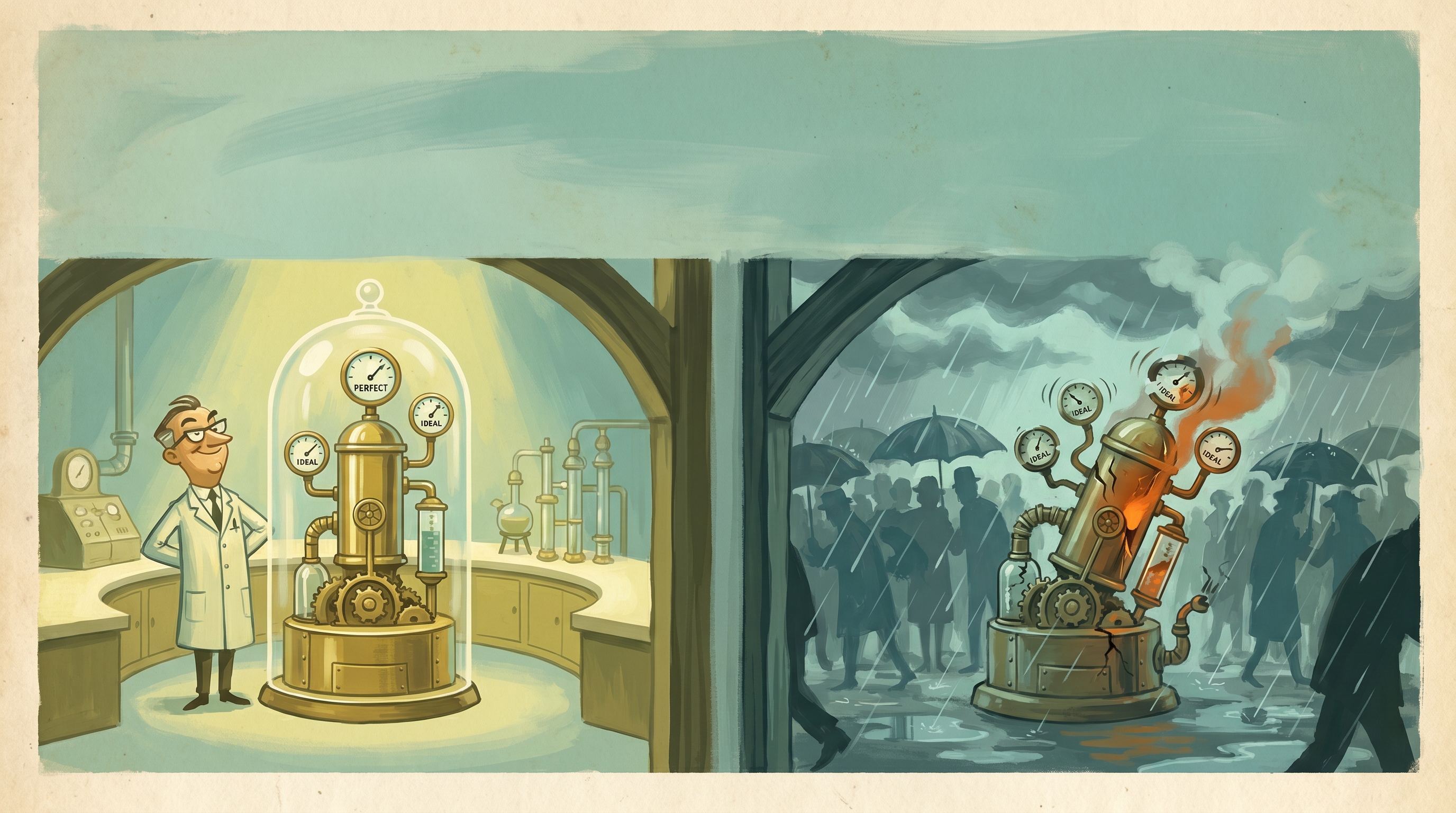 A gleaming machine displayed under glass on a pristine lab bench with perfect gauges, while through an archway the same machine buckles and vents steam in a chaotic rain-lashed street — 1960s gouache.
