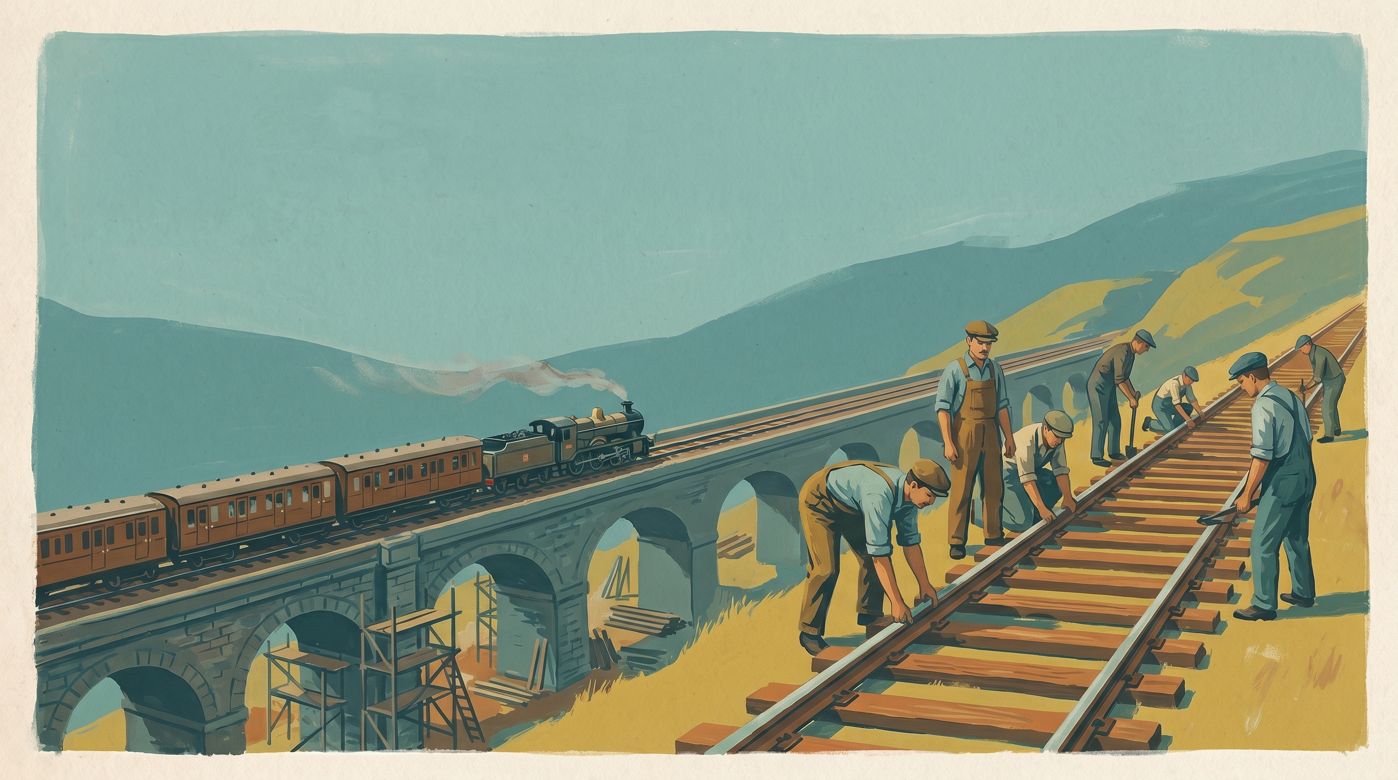 Mid-century railway workers laying a new parallel track alongside the old one while trains keep crossing a stone bridge without stopping — 1960s gouache.